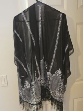 Black Sheer Fringe Kimono with White Crochet Print